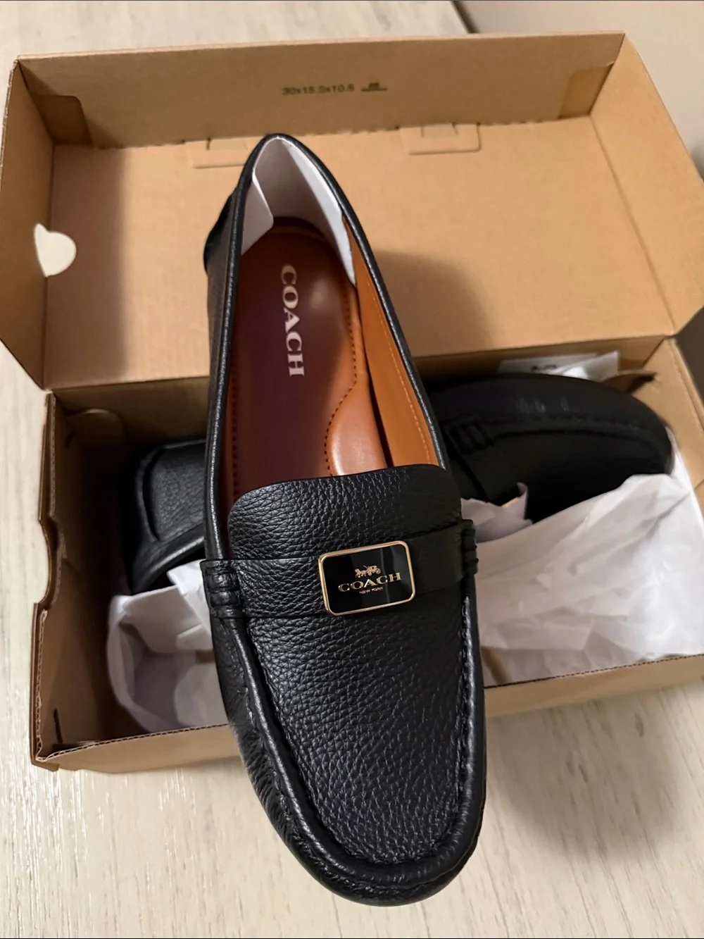 Coach Black Pebbled Leather Loafers with Gold Logo Plaque